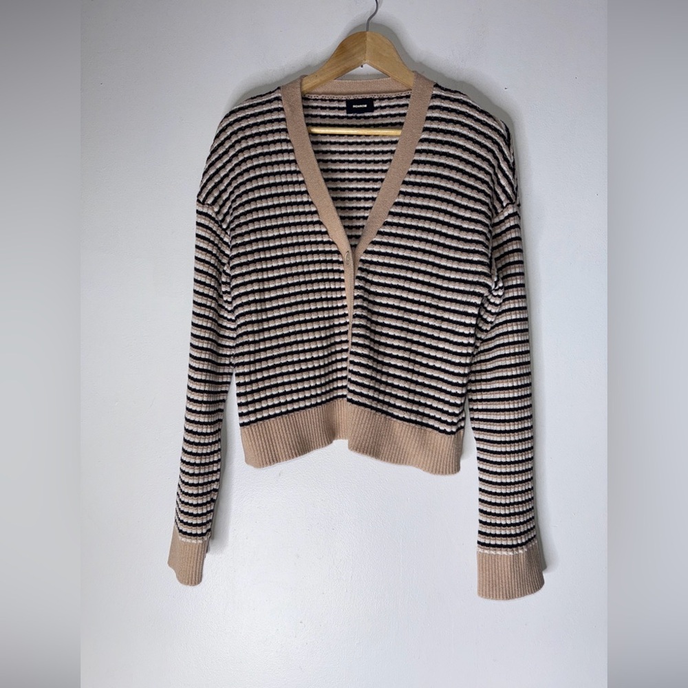 Monrow Tan‎ White Black Stripe V Neck Cotton Wool Blend Cardigan Medium